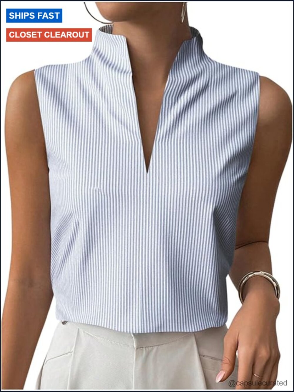 Women's V-Neck Sleeveless Striped Tank Top Blouse Office Business Casual Summer